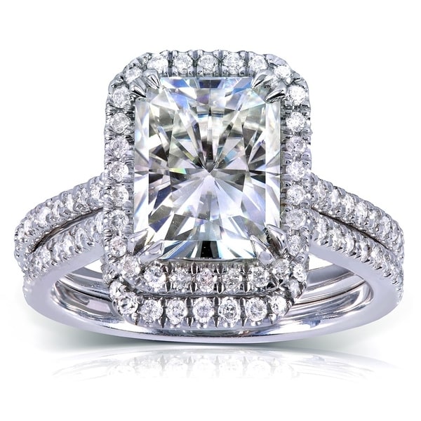 Annello by Kobelli 14k White Gold 3 1/6ct TGW Radiant-cut Moissanite and Diamond Halo Bridal Ring Set. Opens flyout.