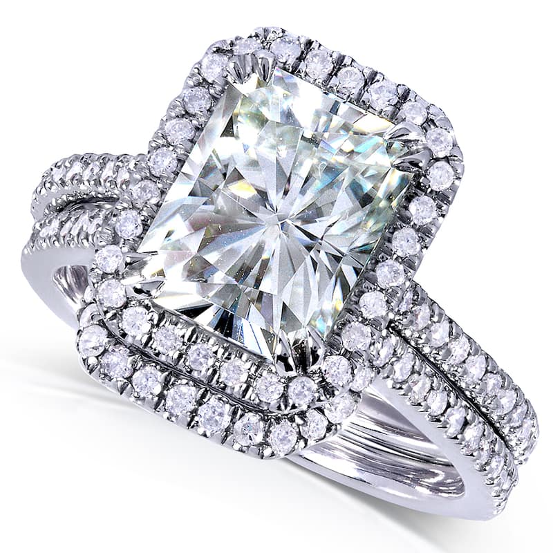 Annello by Kobelli 14k White Gold 3 1/6ct TGW Radiant-cut Moissanite and Diamond Halo Bridal Ring Set