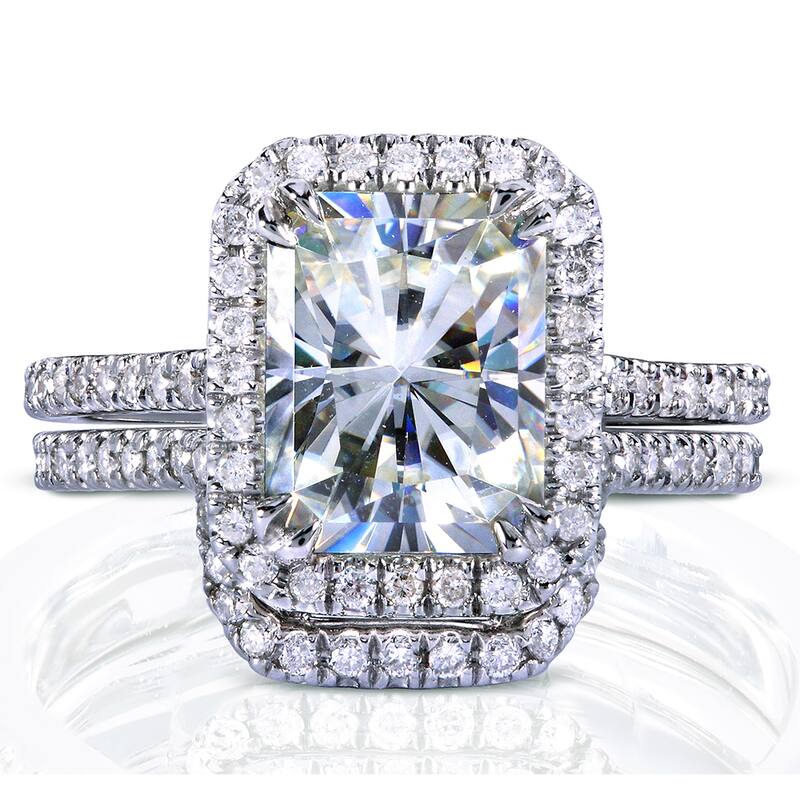 Annello by Kobelli 14k White Gold 3 1/6ct TGW Radiant-cut Moissanite and Diamond Halo Bridal Ring Set