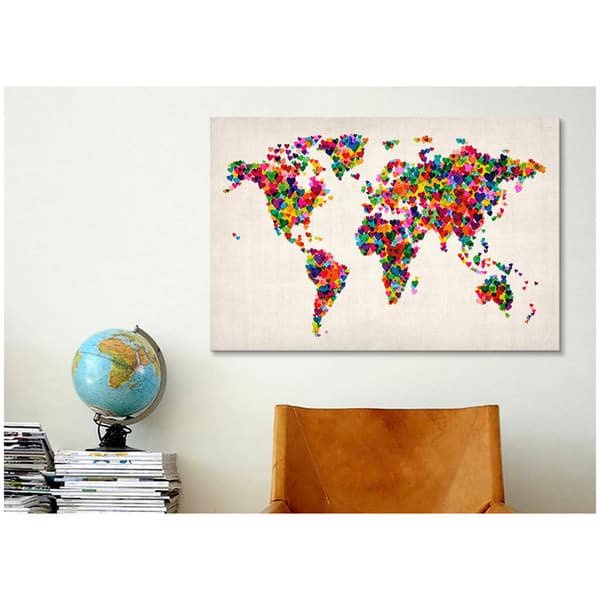 Icanvas Michael Thompsett World Map Hearts Multicolor Ii Canvas Print Wall Art