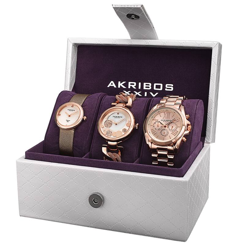 Akribos XXIV Women's Quartz Diamond Multifunction Rose-Tone Watch Set