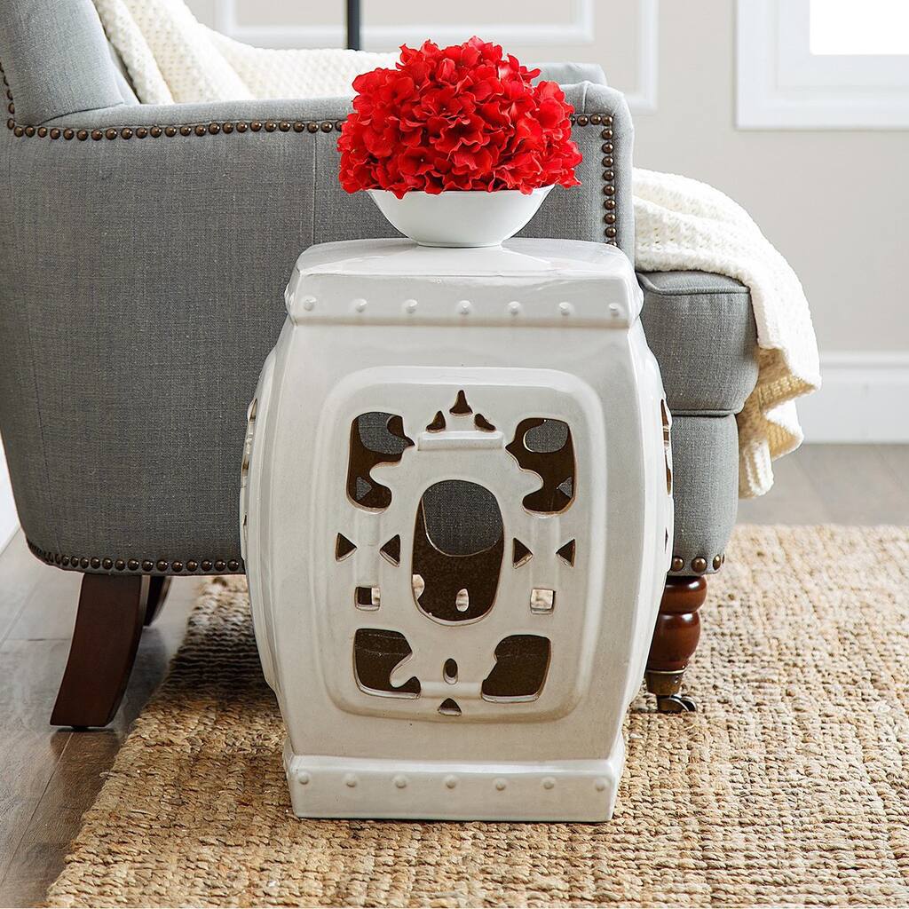 Abbyson Asian Ornate White Glazed Ceramic Garden Stool