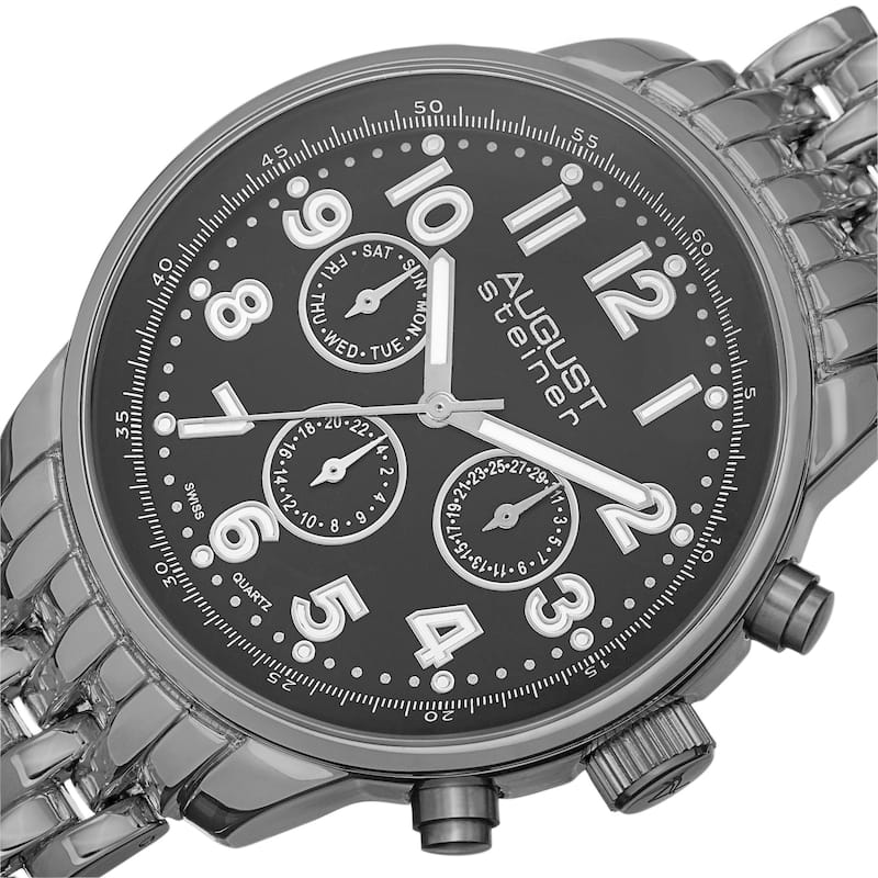 August Steiner Men's Swiss Quartz Dual Time Zone Multifunction Black Bracelet Watch
