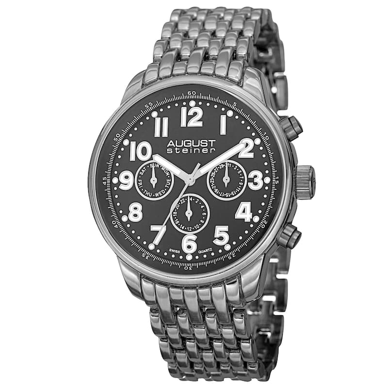 August Steiner Men's Swiss Quartz Dual Time Zone Multifunction Black Bracelet Watch
