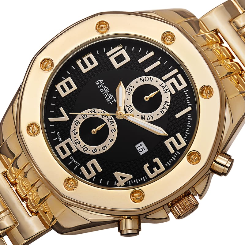 August Steiner Men's Swiss Quartz Dual Time Zone Multifunction Gold-Tone Bracelet Watch