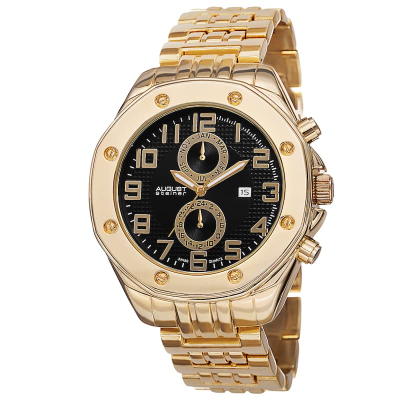 August Steiner Men's Swiss Quartz Dual Time Zone Multifunction Gold-Tone Bracelet Watch