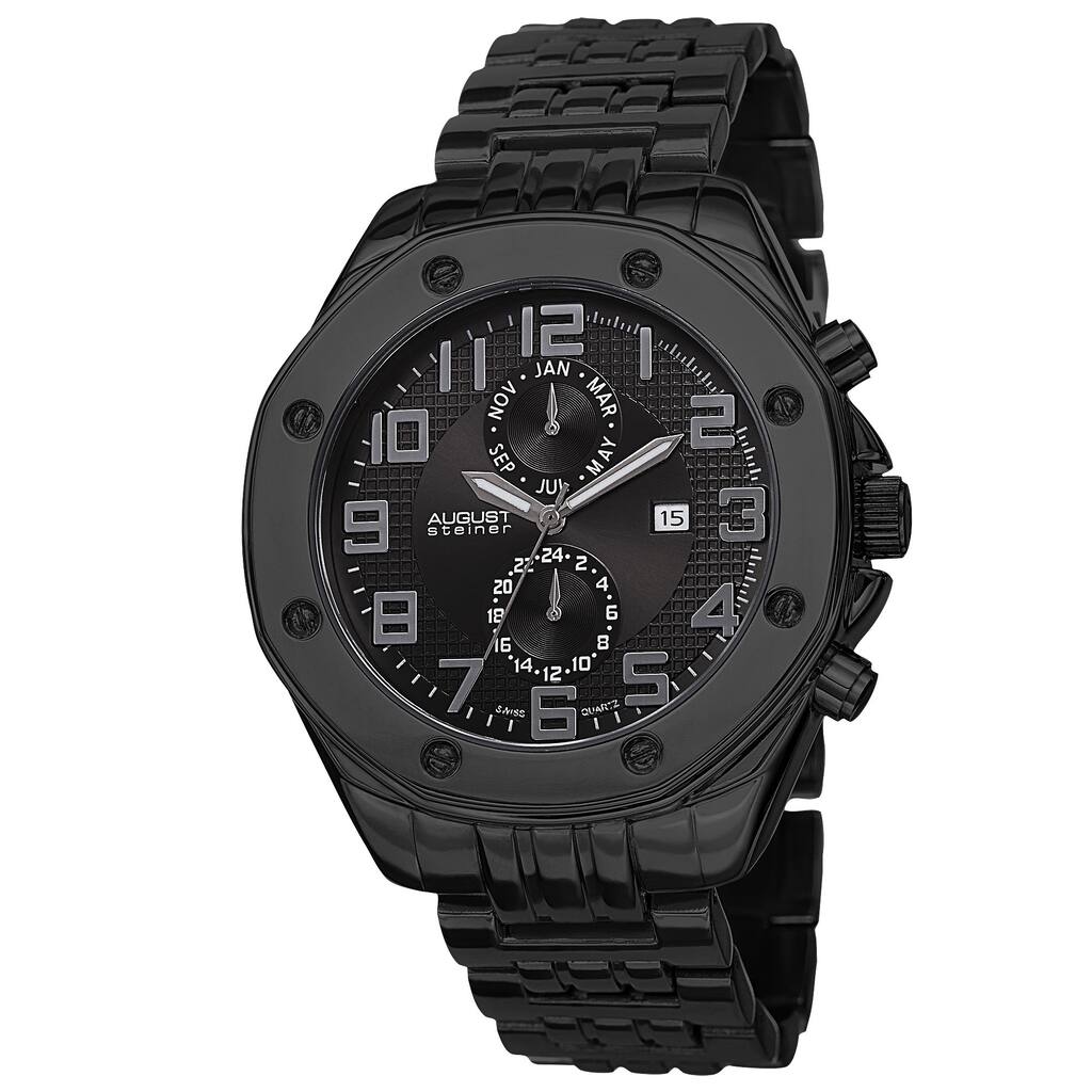 August Steiner Men's Swiss Quartz Dual Time Zone Multifunction Black Bracelet Watch