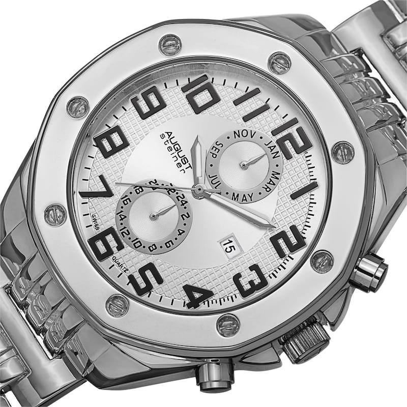 August Steiner Men's Swiss Quartz Dual Time Zone Multifunction Silver-Tone Bracelet Watch