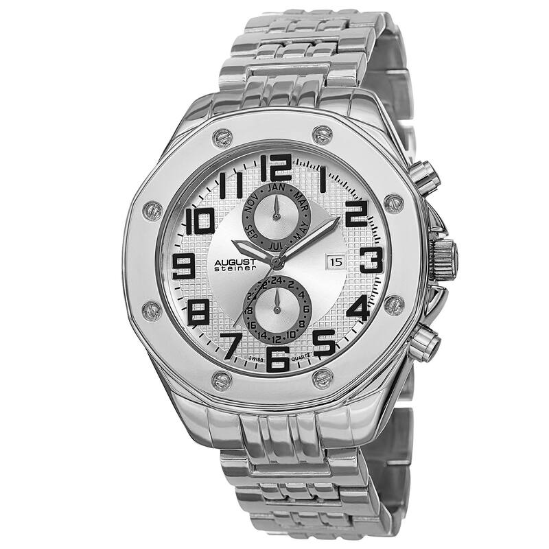 August Steiner Men's Swiss Quartz Dual Time Zone Multifunction Silver-Tone Bracelet Watch