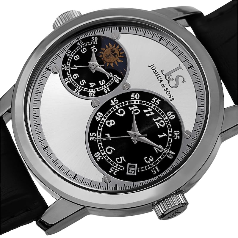 Joshua & Sons Men's Swiss Quartz Dual Time Zone Leather Silver-Tone Strap Watch