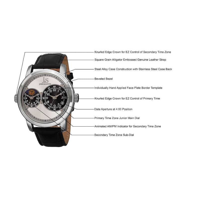 Joshua & Sons Men's Swiss Quartz Dual Time Zone Leather Silver-Tone Strap Watch