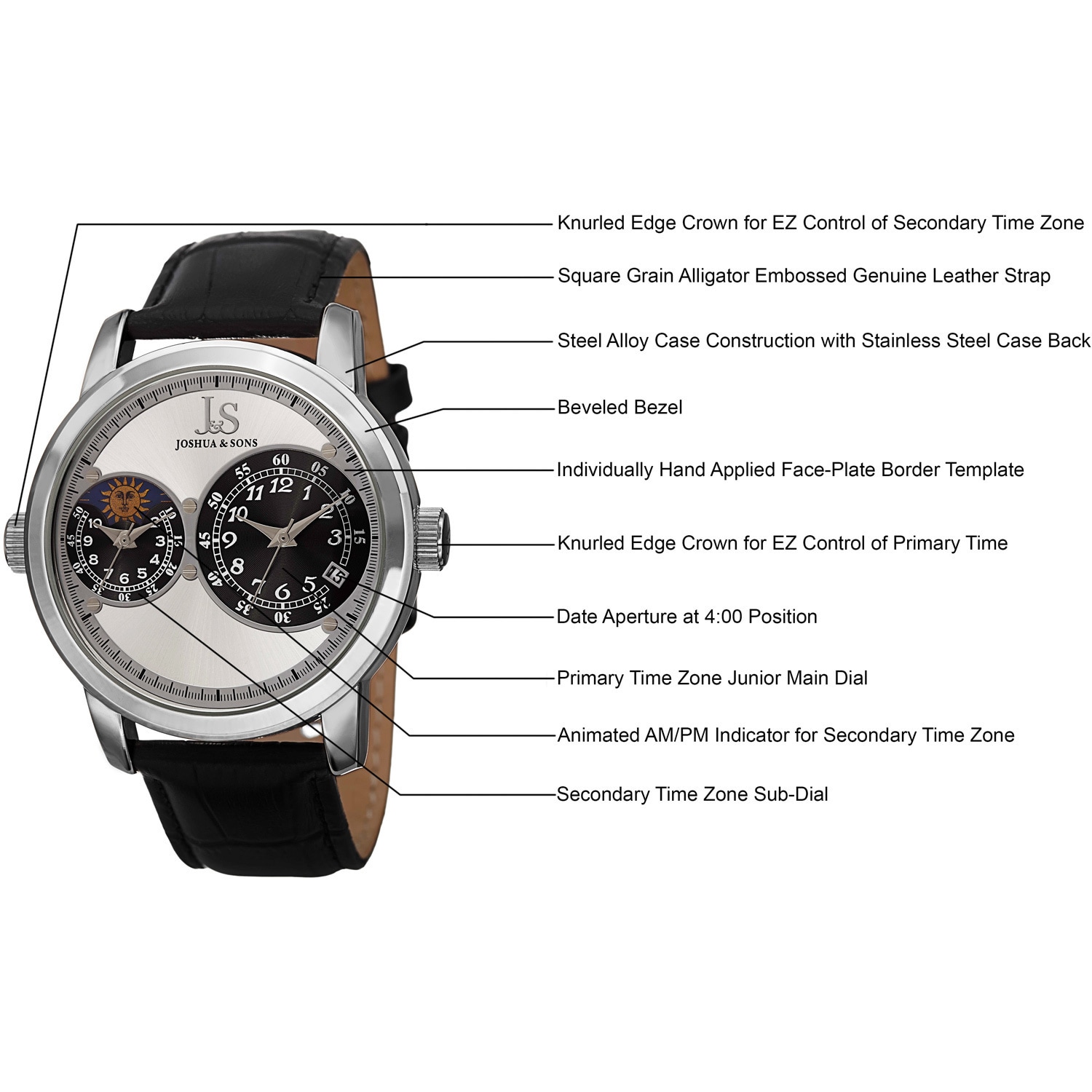 Joshua & Sons Men's Swiss Quartz Dual Time Zone Leather Silver