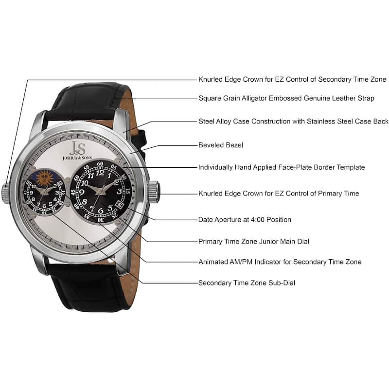 Joshua & Sons Men's Swiss Quartz Dual Time Zone Leather Silver-Tone Strap Watch