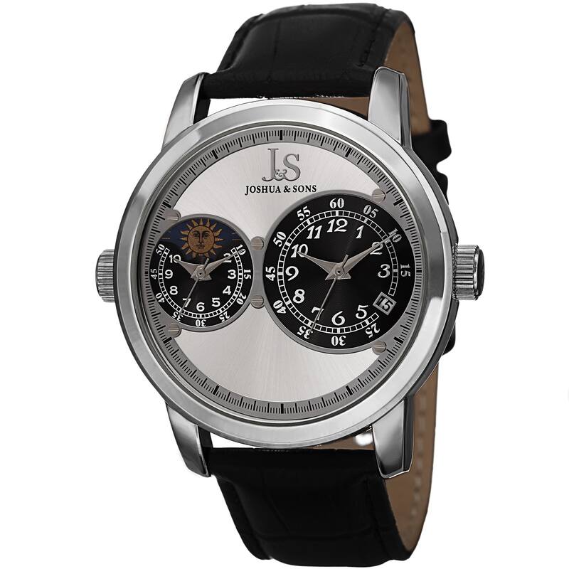 Joshua & Sons Men's Swiss Quartz Dual Time Zone Leather Silver-Tone Strap Watch