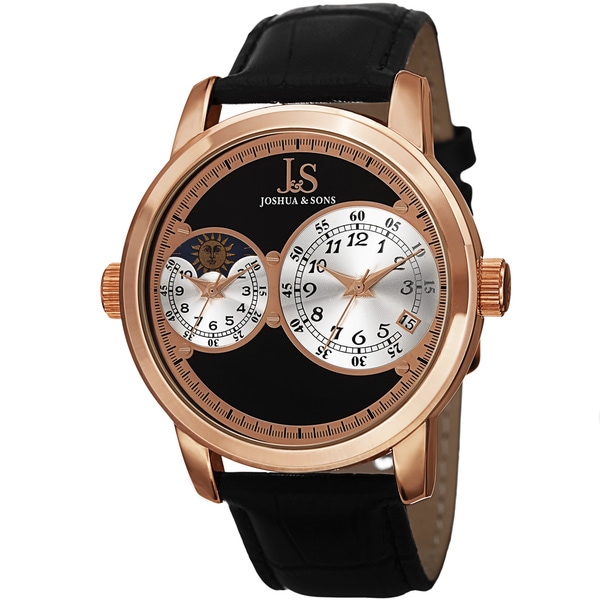 Joshua & Sons Men's Swiss Quartz Dual Time Zone Leather Rose-Tone Strap Watch