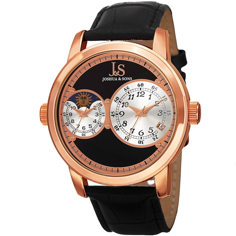 Joshua & Sons Men's Swiss Quartz Dual Time Zone Leather Strap Watch - Black/Rose