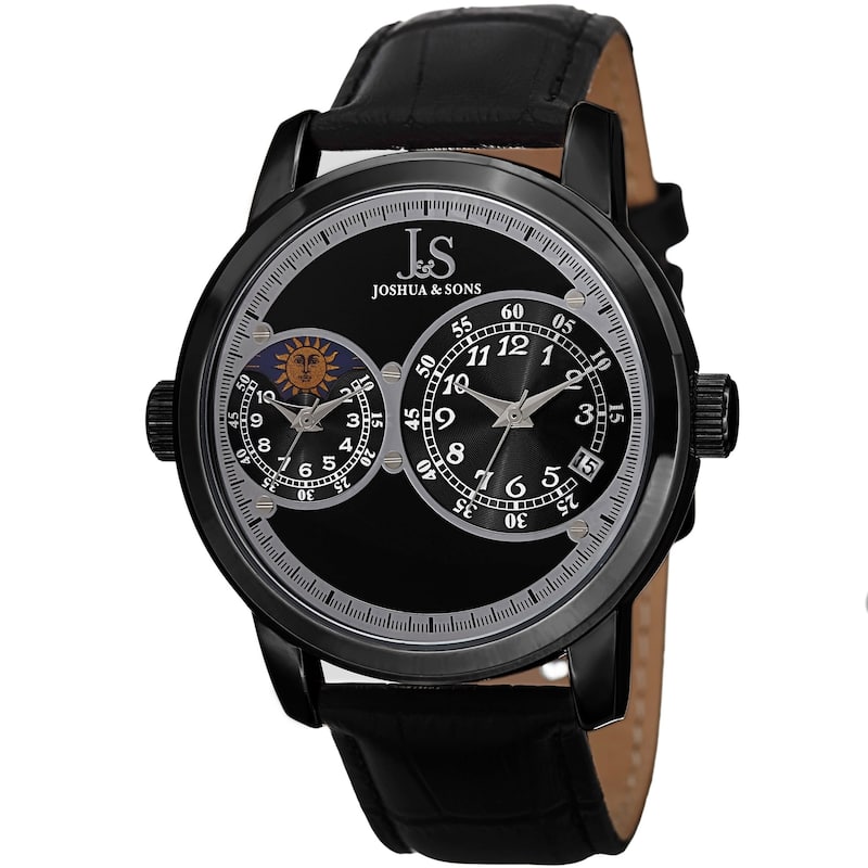 Joshua & Sons Men's Swiss Quartz Dual Time Zone Leather Strap Watch - rich black