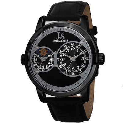 Joshua & Sons Men's Swiss Quartz Dual Time Zone Leather Black Strap Watch