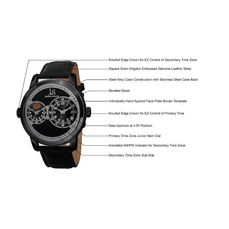 Joshua & Sons Men's Swiss Quartz Dual Time Zone Leather Black Strap Watch