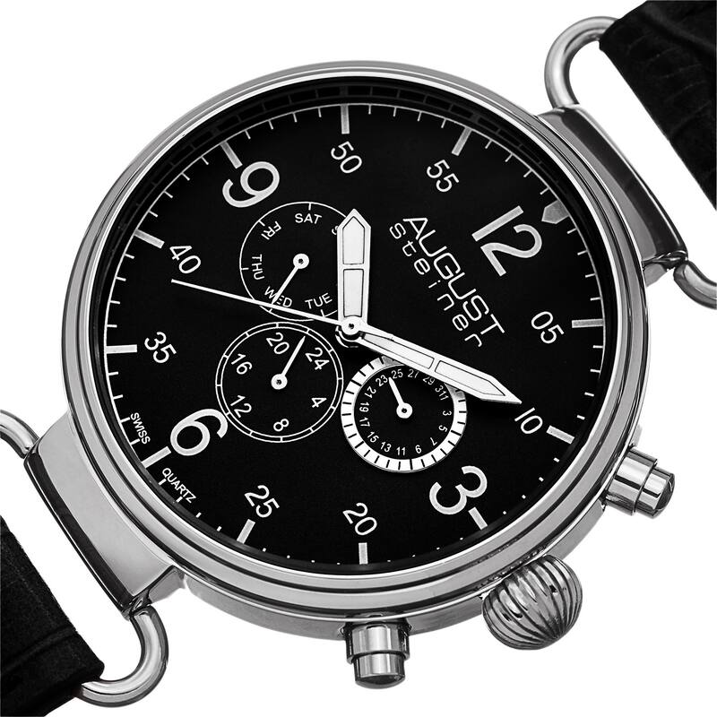 August Steiner Men's Swiss Quartz Multifunction Leather Silver-Tone Strap Watch