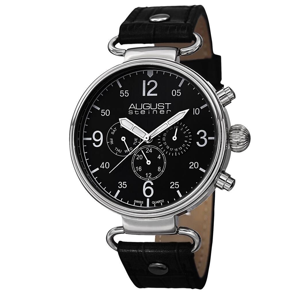 August Steiner Men's Swiss Quartz Multifunction Leather Silver-Tone Strap Watch