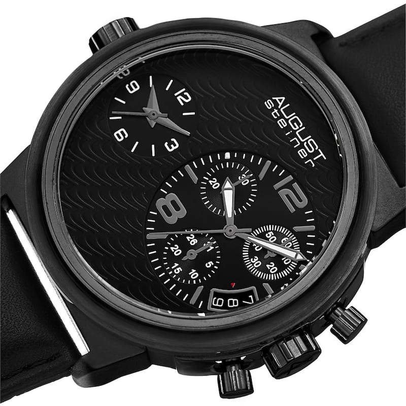 August Steiner Men's Swiss Quartz Chronograph Dual Time Leather Black Strap Watch