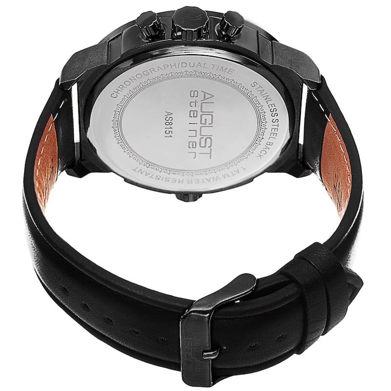 August Steiner Men's Swiss Quartz Chronograph Dual Time Leather Black Strap Watch