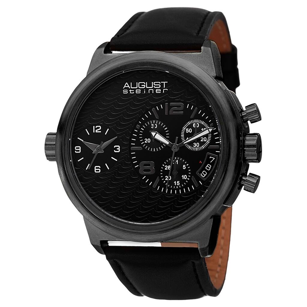 August Steiner Men's Swiss Quartz Chronograph Dual Time Leather Black Strap Watch