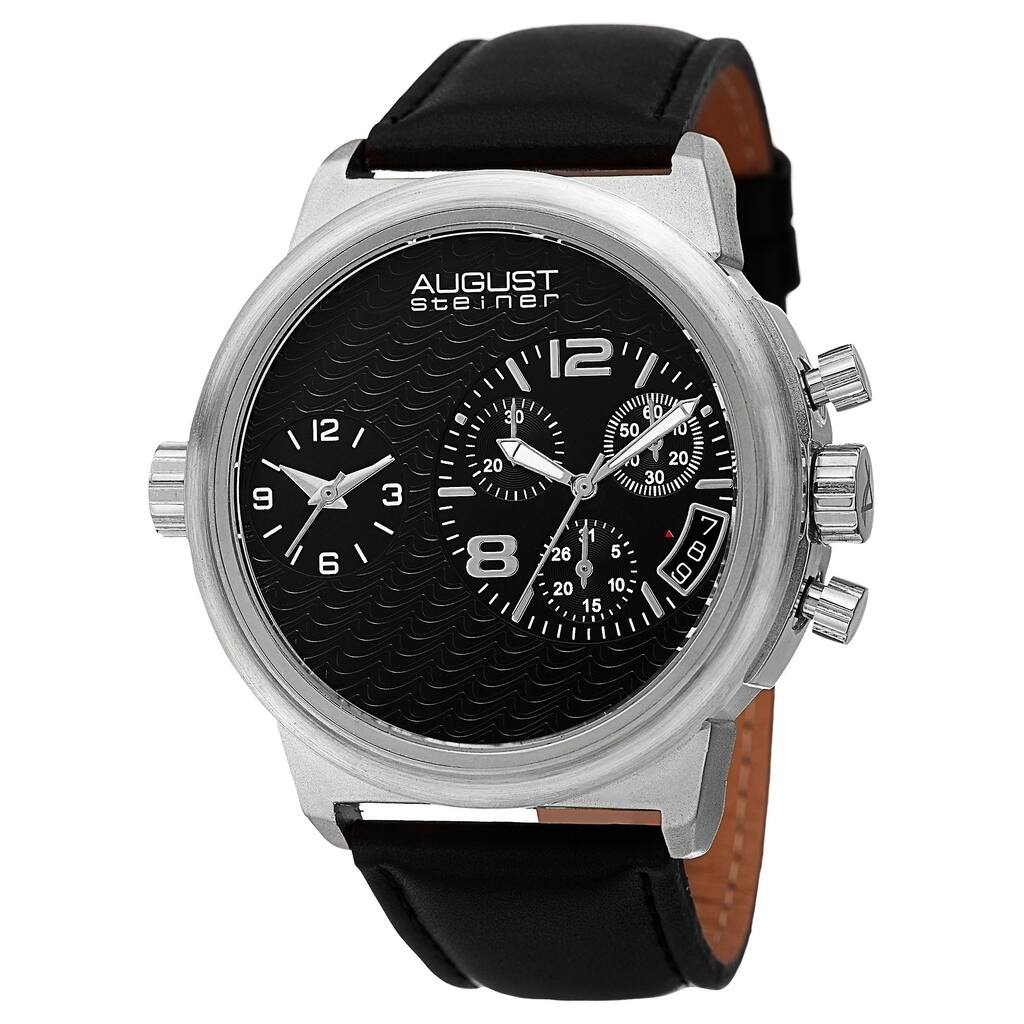 August Steiner Men's Swiss Quartz Chronograph Dual Time Leather Silver-Tone Strap Watch