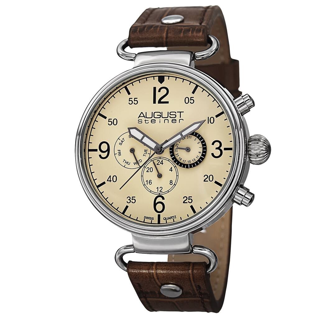 August Steiner Men's Swiss Quartz Multifunction Leather Brown Strap Watch