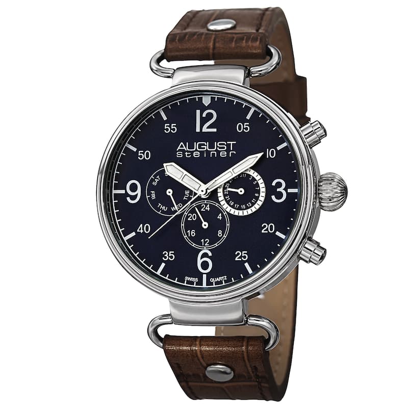 August Steiner Men's Swiss Quartz Multifunction Leather Blue Strap Watch