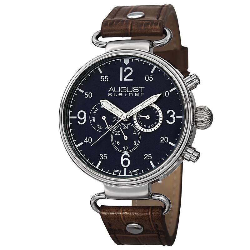 August Steiner Men's Swiss Quartz Multifunction Leather Blue Strap Watch