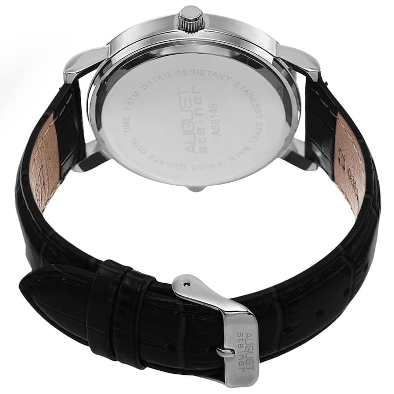 August Steiner Men's Swiss Quartz Dual Time Leather Silver-Tone Strap Watch