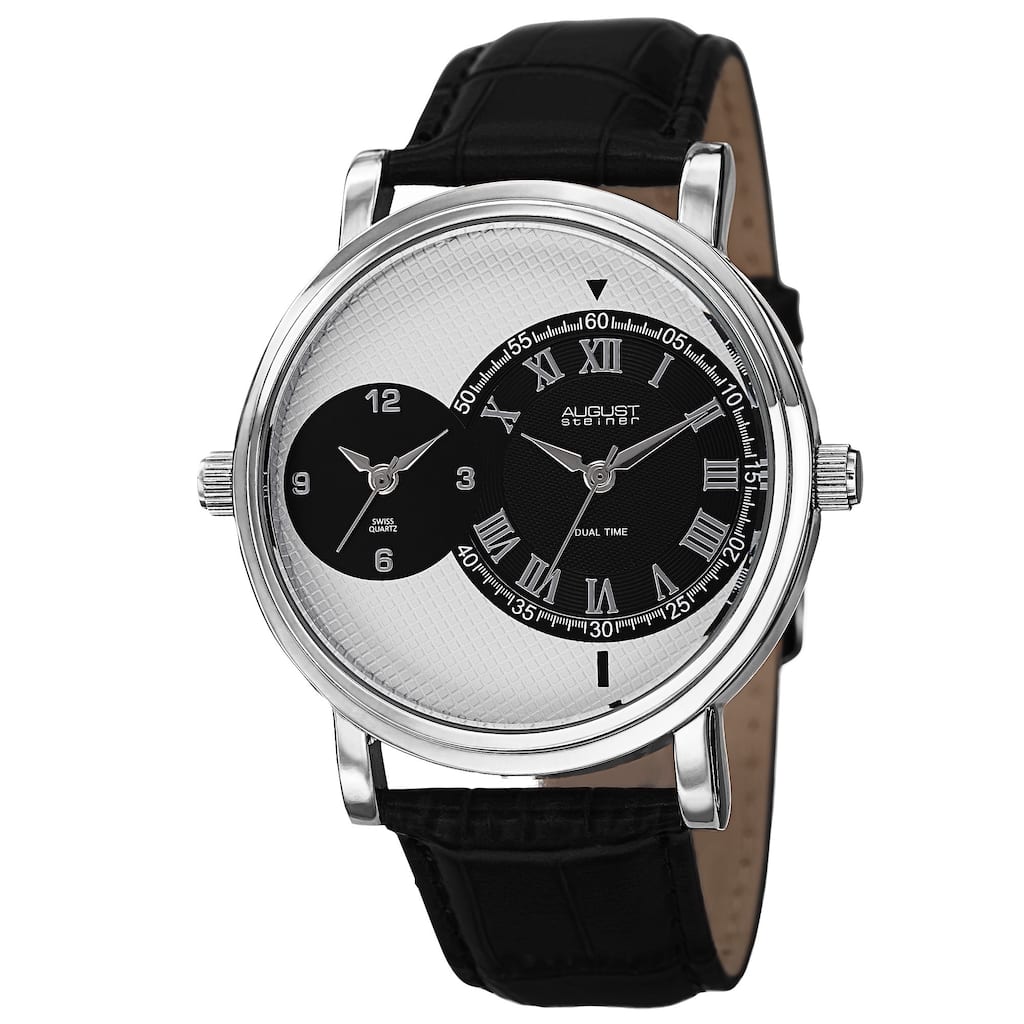 August Steiner Men's Swiss Quartz Dual Time Leather Silver-Tone Strap Watch