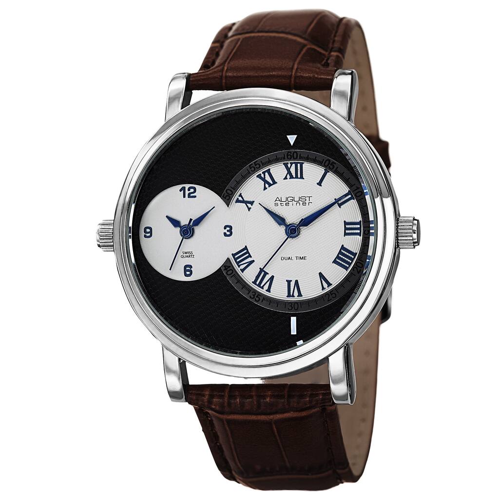 August Steiner Men's Swiss Quartz Dual Time Leather Silver-Tone Strap Watch