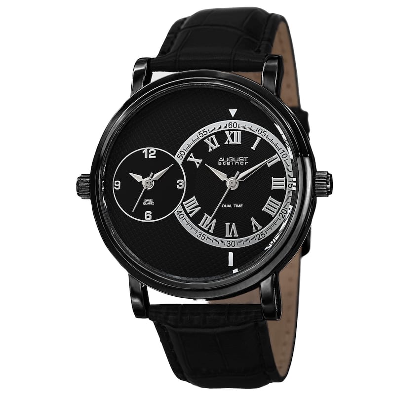 August Steiner Men's Swiss Quartz Dual Time Leather Black Strap Watch