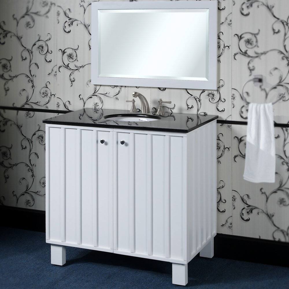 Black Granite Top 36-inch Single Sink Bathroom Vanity in White Finish with Matching Framed Wall Mirror