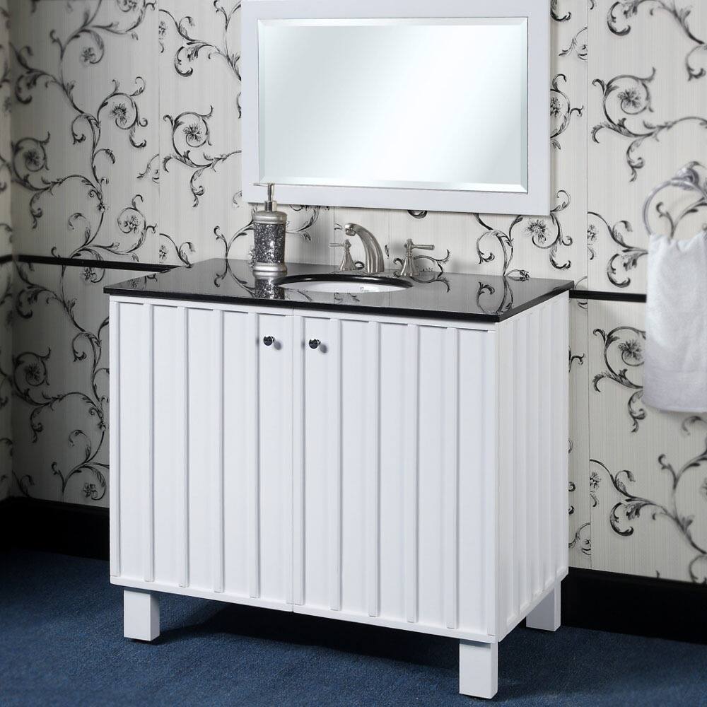 Black Granite Top 40-Inch Single Sink Bathroom Vanity in White Finish with Matching Framed Wall Mirror