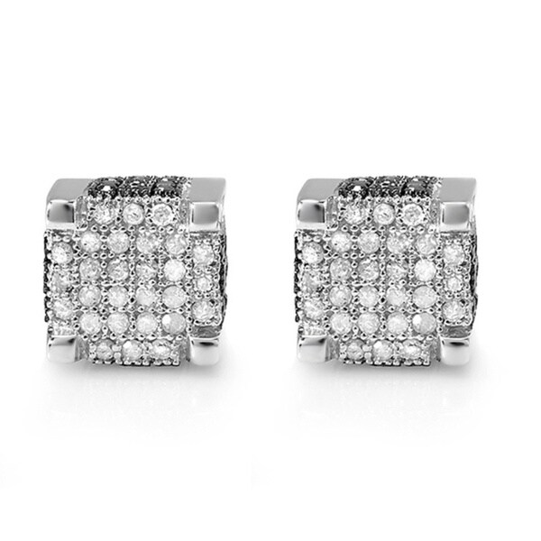 NEW MENS CUBE BLACK//WHITE DIAMOND STUD EARRINGS 9 MM