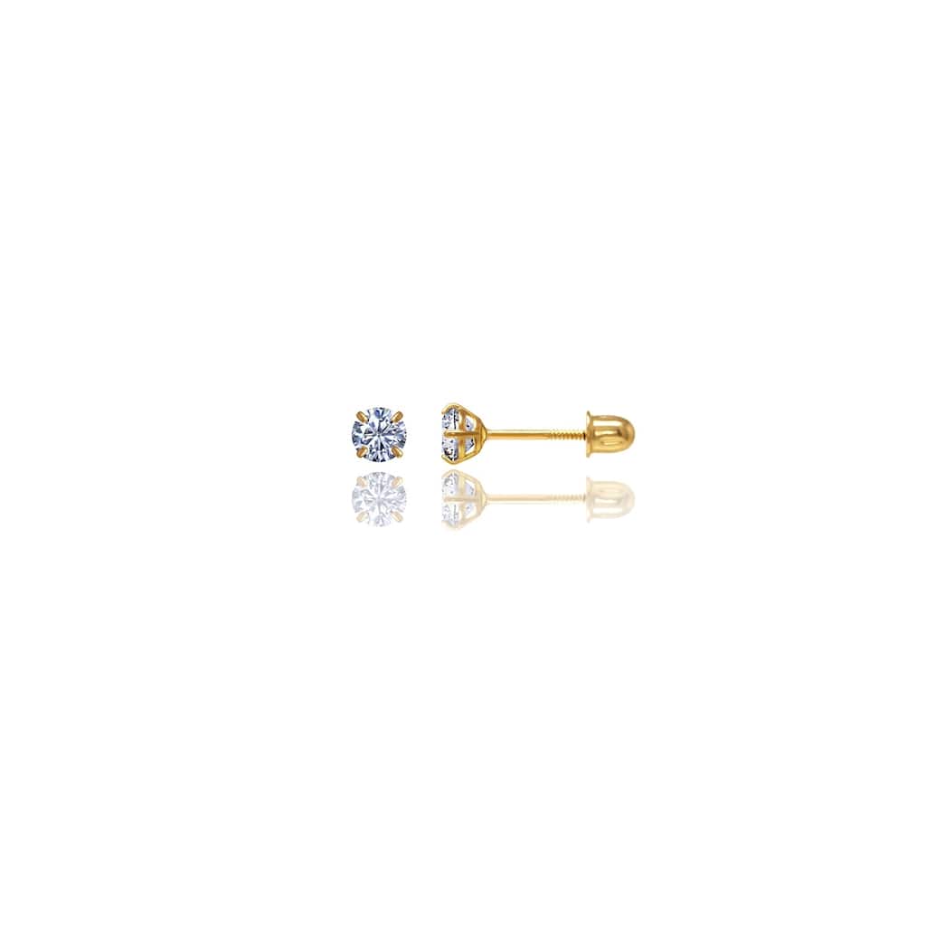 14kt Solid Gold Round 3mm Screw-Back Cubic Zirconia Stud Earrings