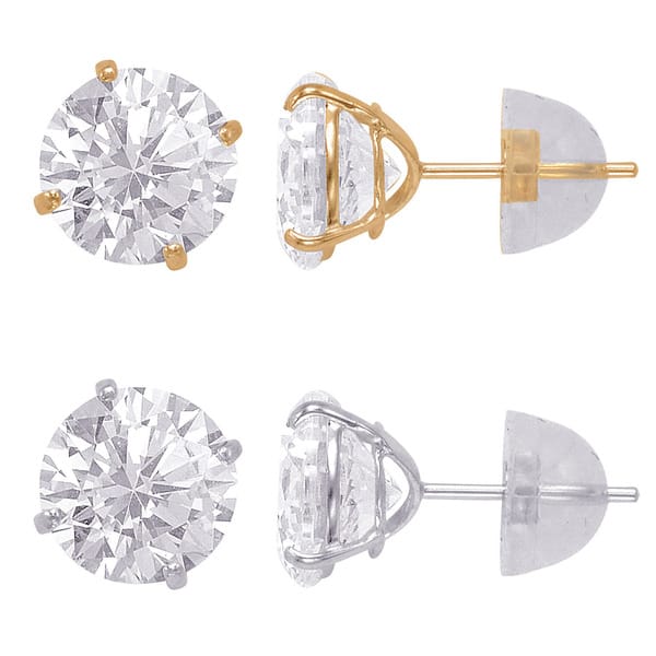 14K Yellow Gold Round White Clear CZ Classic Stud Earrings 7 mm Diameter 