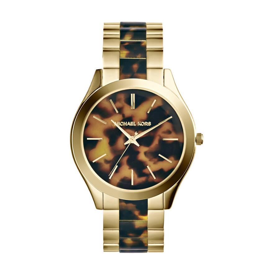 Michael Kors Women's MK4284 Slim Runway Round Two-tone Tortoise Bracelet Watch - Gold