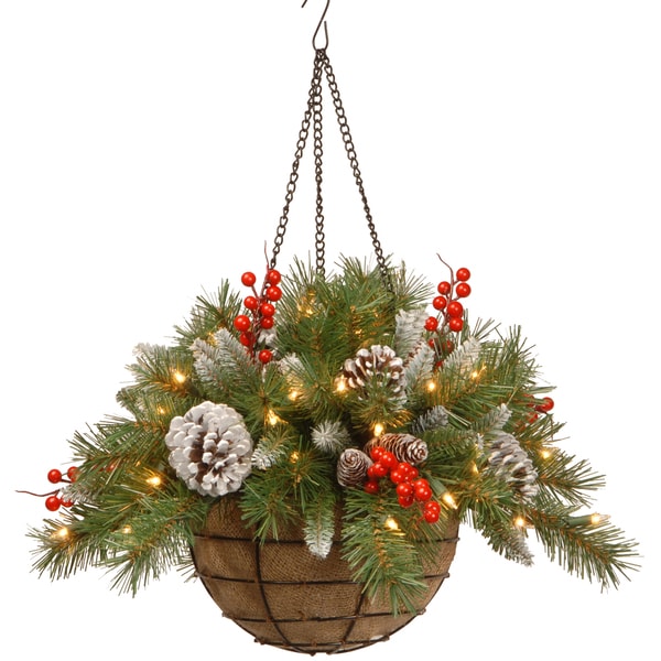 20-inch Pre-lit Frosted Pine/ Red Berries Hanging Arrangement