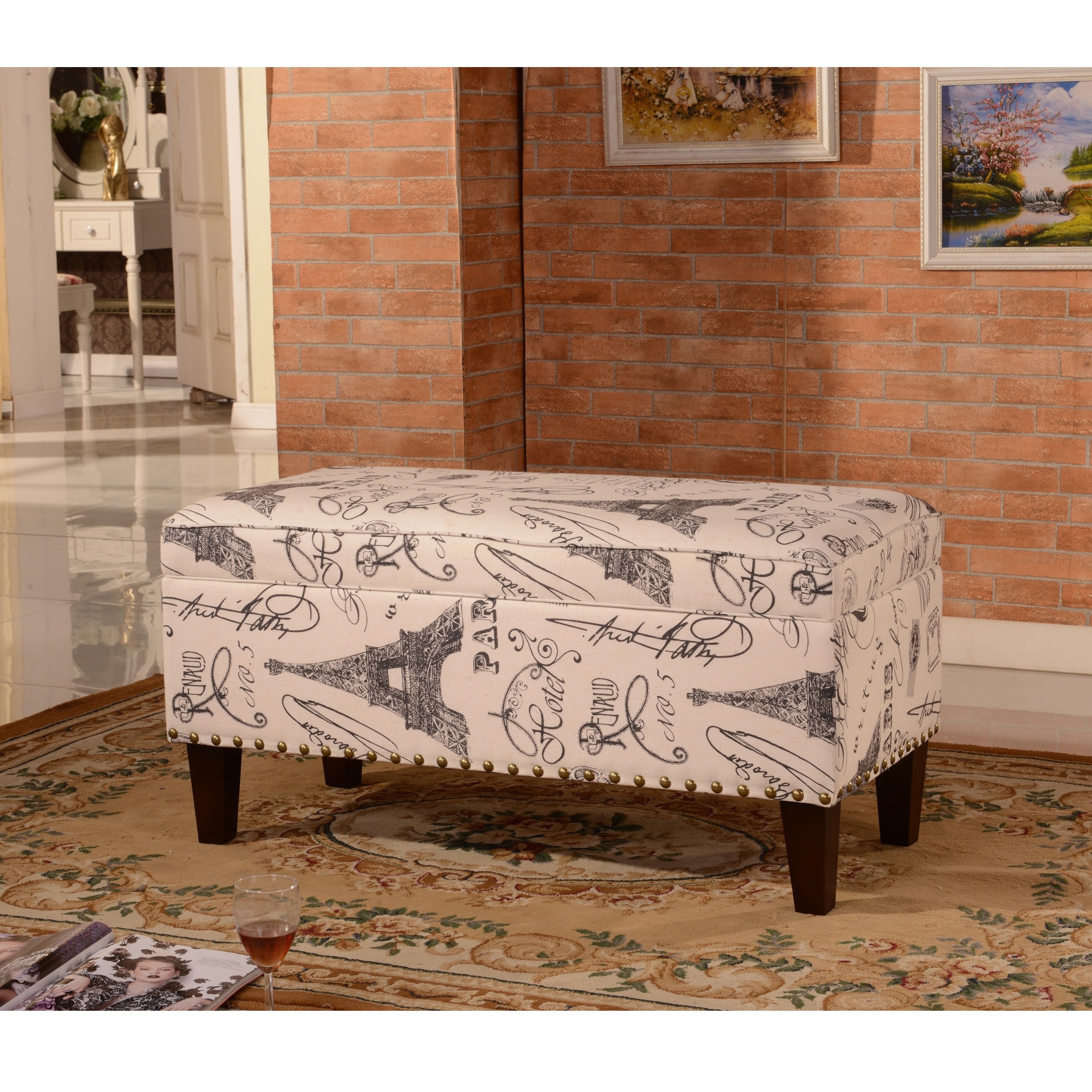 Luxury Comfort Collection Classic Paris Vintage French Writing Aqua Storage Bench Ottoman Overstock 9632404