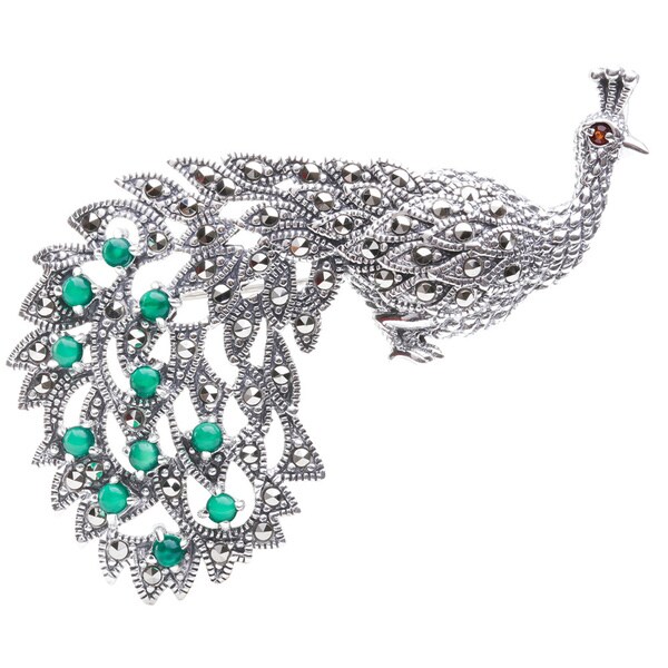 Shop Blue Box Jewels Sterling Silver Marcasite Green Peacock Brooch ...