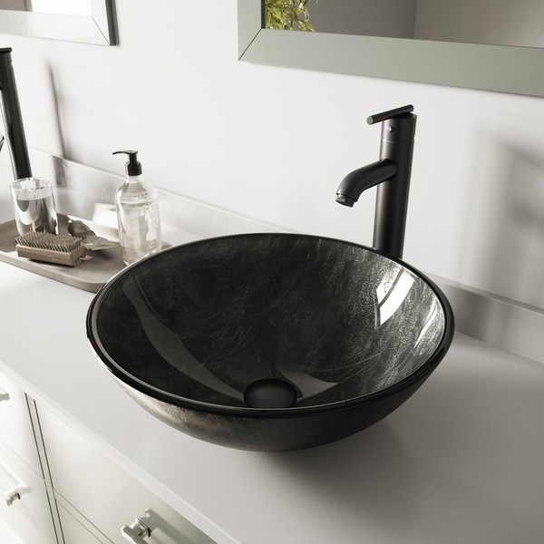 VIGO Grey Onyx Glass Vessel Bathroom Sink and Seville Faucet Set