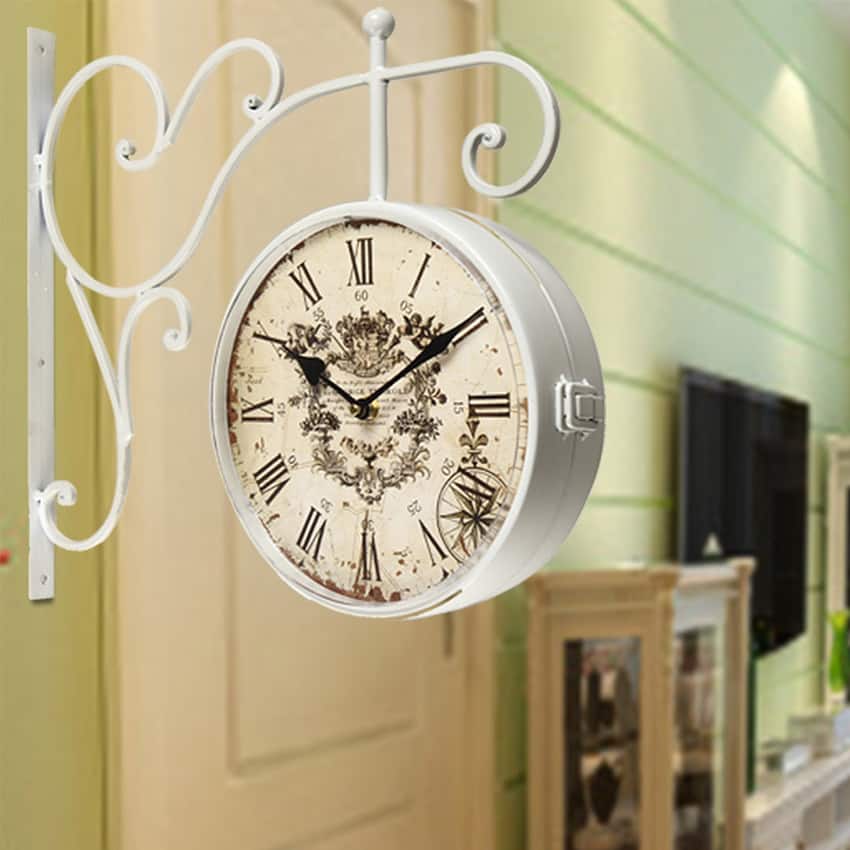 Adeco White Iron Round Double-sided Wall Hanging Clock with Scroll Wall Mount