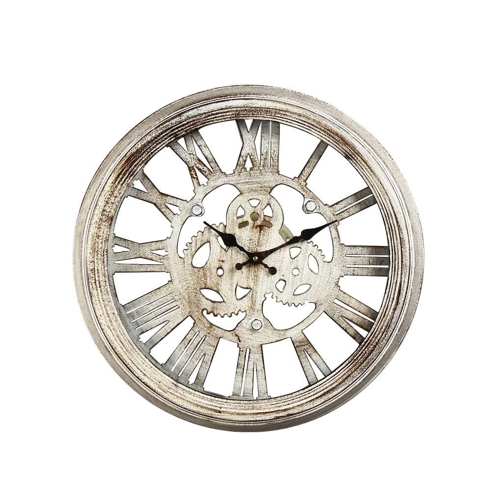 Adeco Antique-look Distressed Iron Off-white Gear Detail Wall Hanging Clock with Roman Numerals