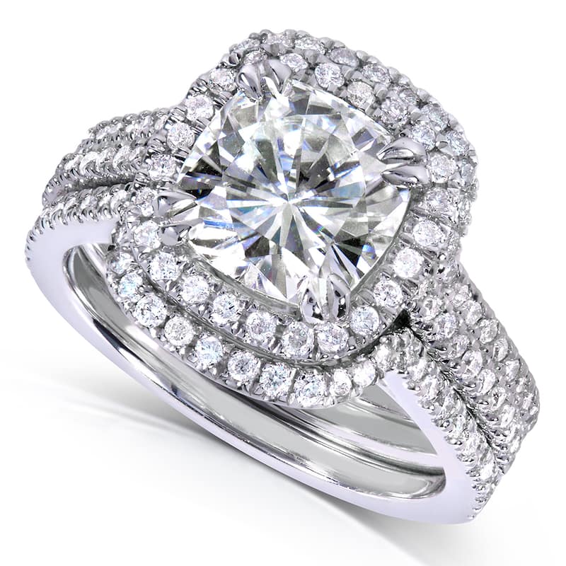Annello by Kobelli 14k White Gold 2ct TGW Moissanite 5/8ct TDW Diamond Halo Bridal Set