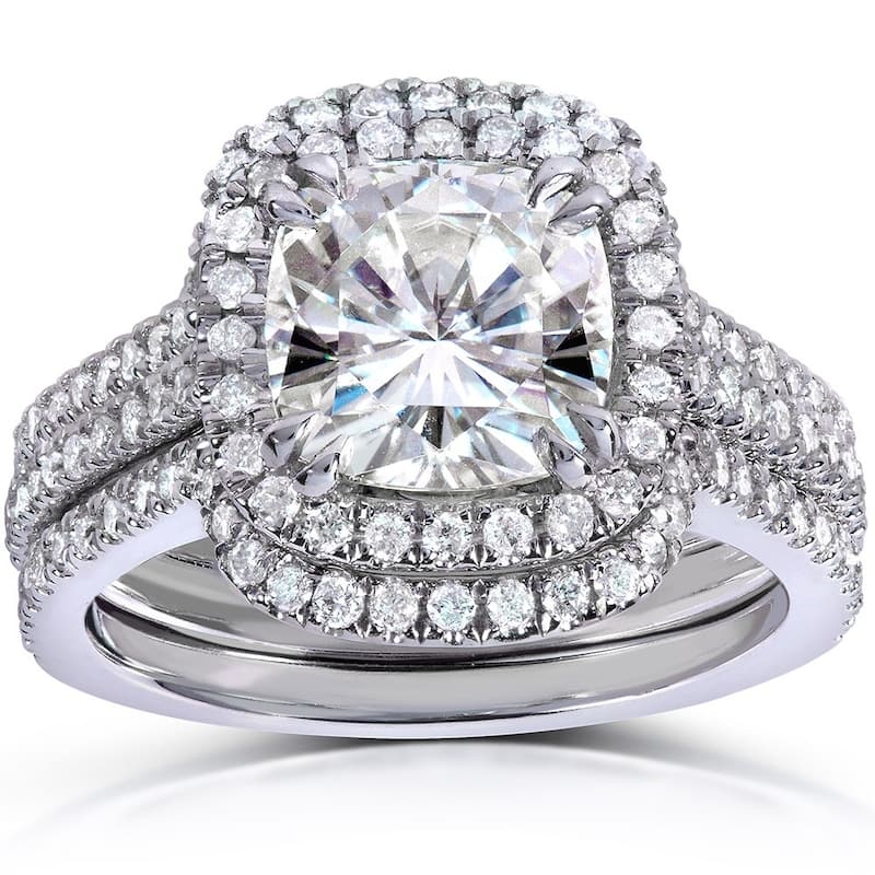 Annello by Kobelli 14k White Gold 2ct TGW Moissanite 5/8ct TDW Diamond Halo Bridal Set